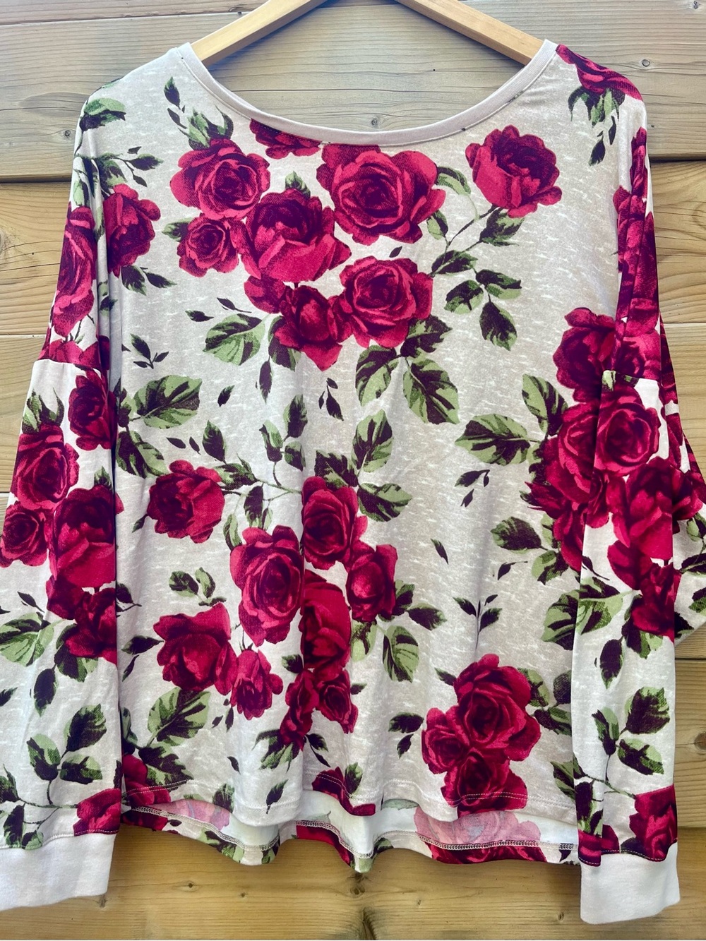 Betsey Johnson Cream Long-Sleeve Top with Bold Pink Rose Print